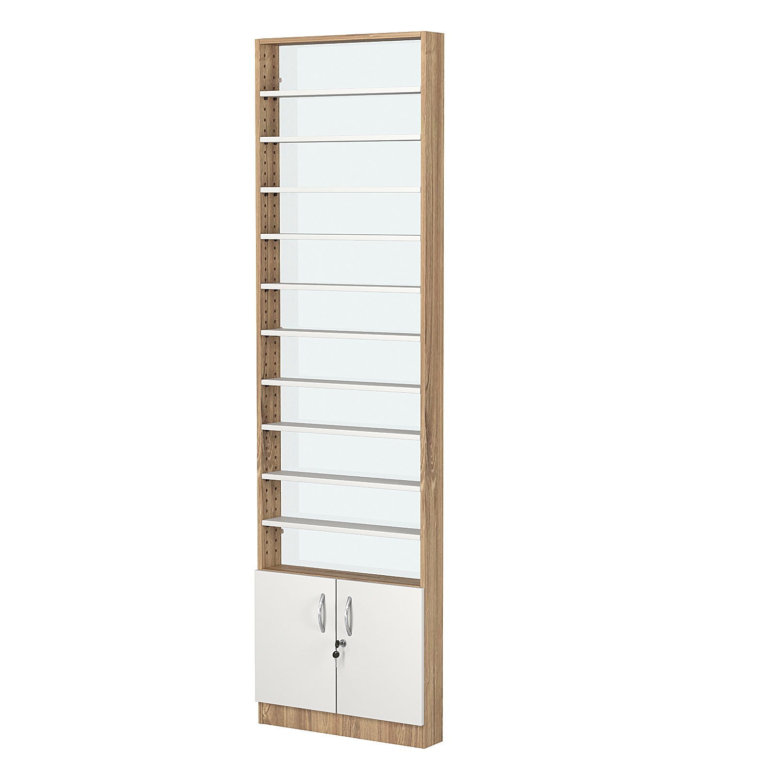 Стеллаж из ДСП с 10-ю полками 100x600 мм серии LEVEL-10 №1-1 (З/C - СТЕКЛО) Дуб Канзас коричневый + Белый