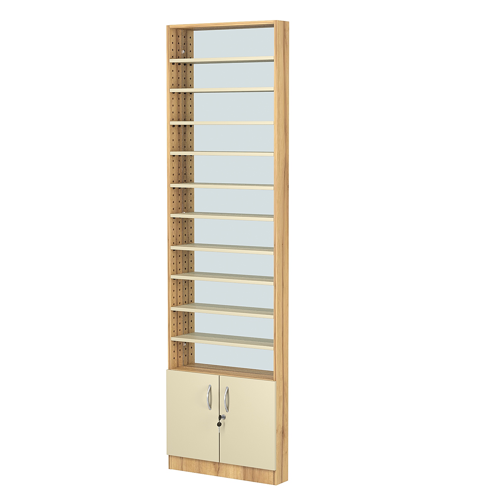 Стеллаж из ДСП с 10-ю полками 100x600 мм серии LEVEL-10 №1-2 (З/C - ЗЕРКАЛО) Дуб Золотистый и Крем Вайс