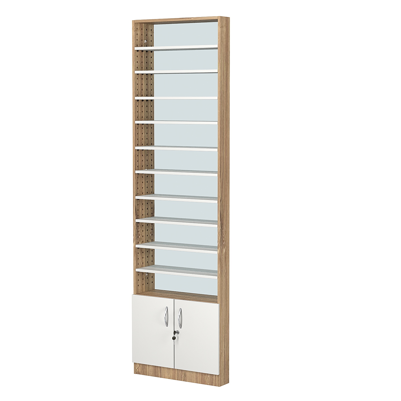 Стеллаж из ДСП с 10-ю полками 100x600 мм серии LEVEL-10 №1-2 (З/C - ЗЕРКАЛО) Дуб Канзас коричневый + Белый