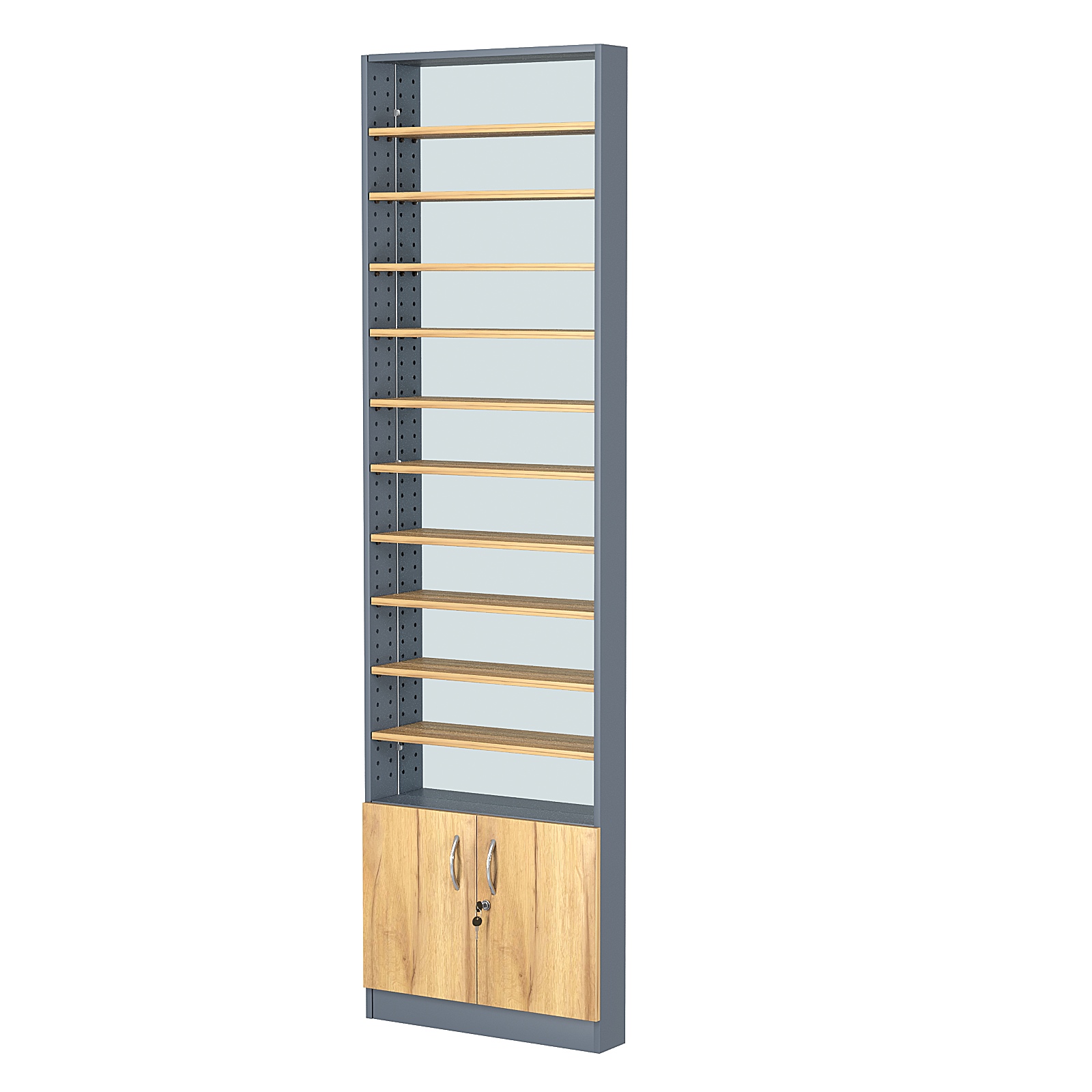 Стеллаж из ДСП с 10-ю полками 100x600 мм серии LEVEL-10 №1-2 (З/C - ЗЕРКАЛО) Темно-Серый  + Дуб Золотистый