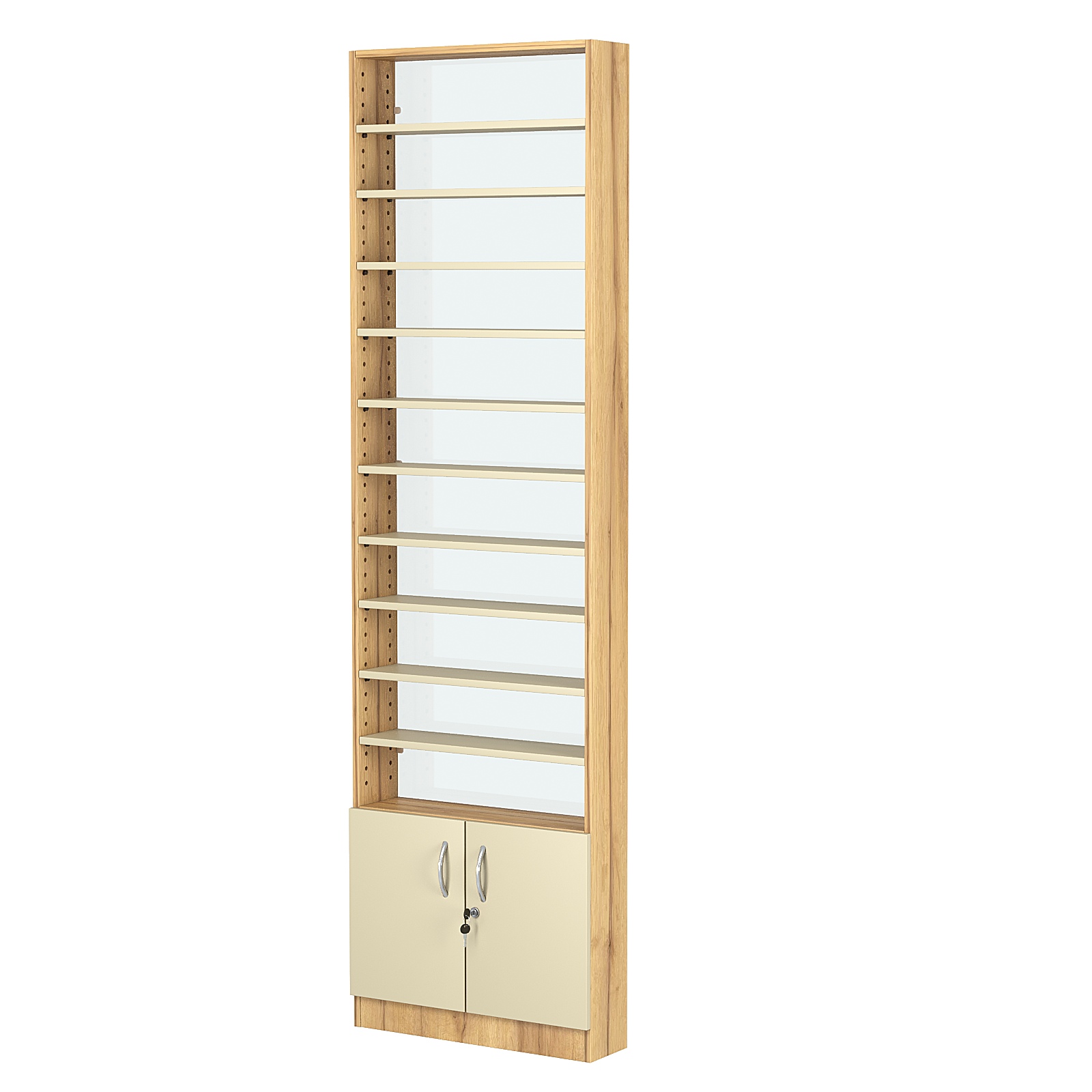 Стеллаж из ДСП с 10-ю полками 150x600 мм серии LEVEL-10 №2-1 (З/C - СТЕКЛО) Дуб Золотистый и Крем Вайс