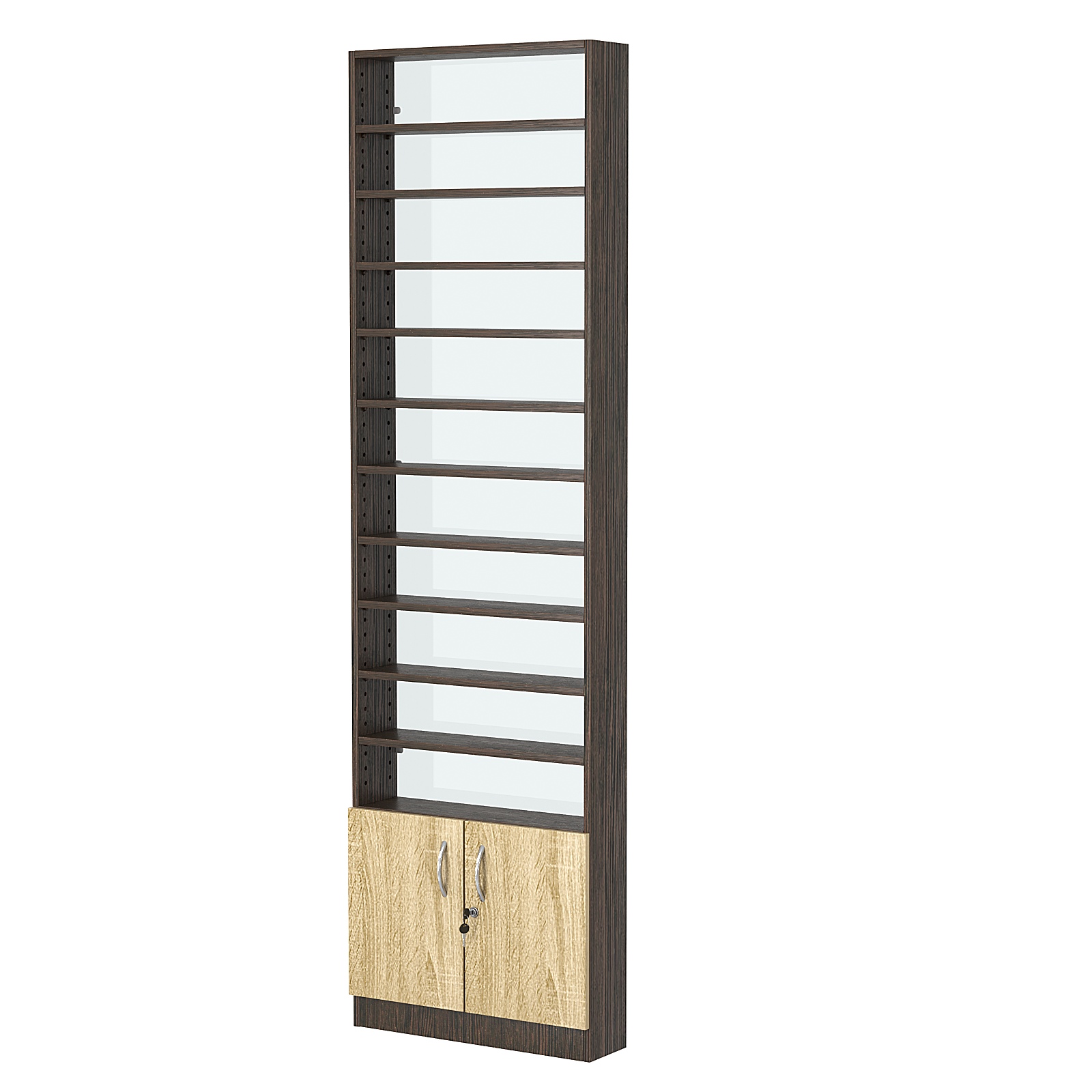 Стеллаж из ДСП с 10-ю полками 150x600 мм серии LEVEL-10 №2-1 (З/C - СТЕКЛО) Дуб Венге + Дуб Сонома