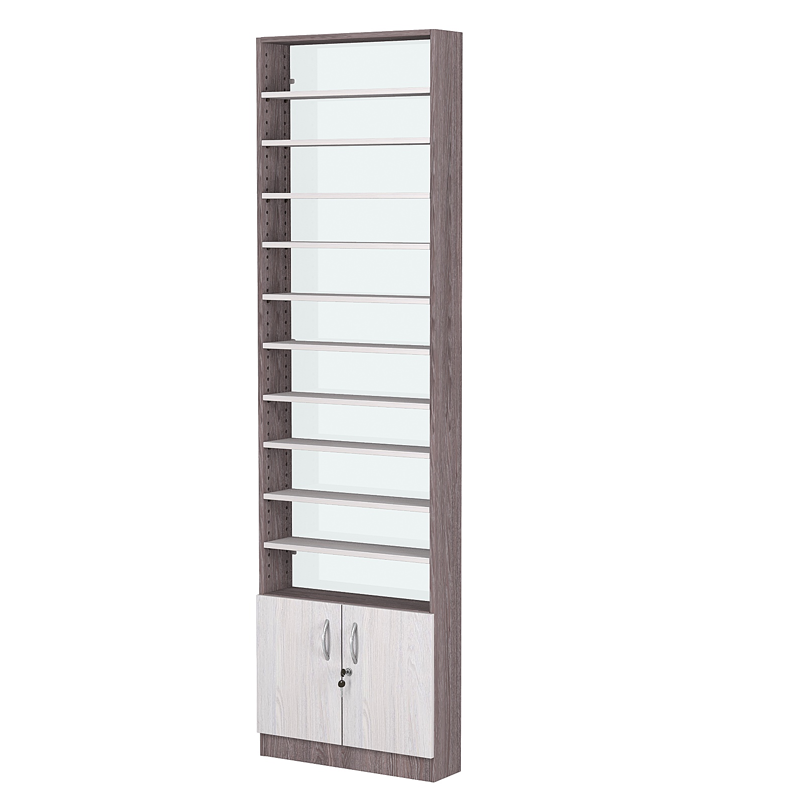 Стеллаж из ДСП с 10-ю полками 150x600 мм серии LEVEL-10 №2-1 (З/C - СТЕКЛО) Ясень Анкор темный + Ясень Анкор светлый