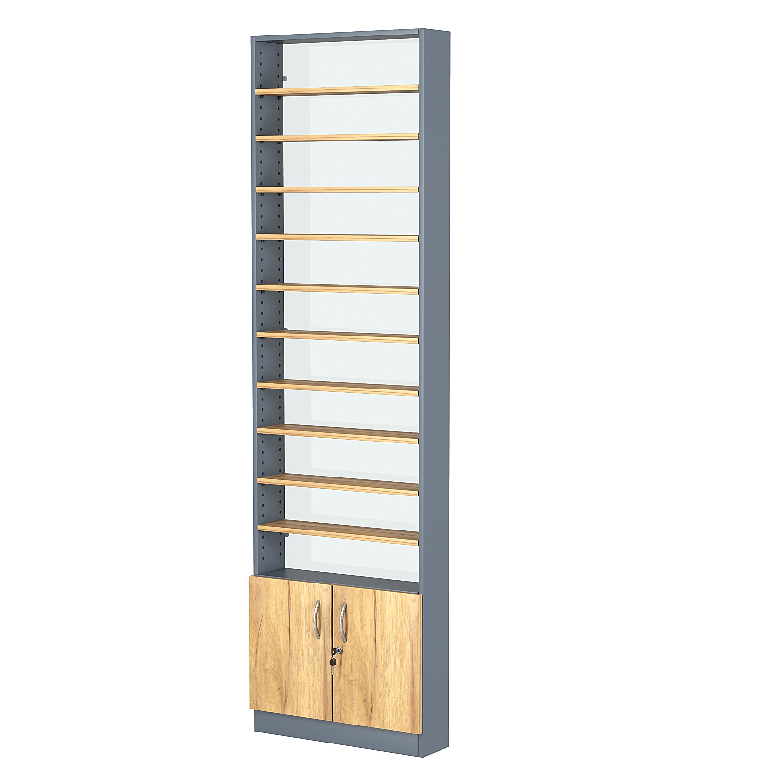 Стеллаж из ДСП с 10-ю полками 150x600 мм серии LEVEL-10 №2-1 (З/C - СТЕКЛО) Темно-Серый  + Дуб Золотистый