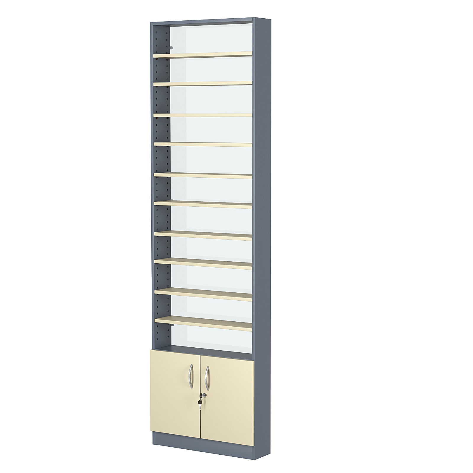 Стеллаж из ДСП с 10-ю полками 150x600 мм серии LEVEL-10 №2-1 (З/C - СТЕКЛО) Темно-серый + Крем Вайс