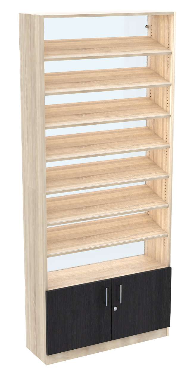 Стеллаж из ДСП с 7-ю наклонными полками 300x900 мм серии TILT-7 №12-1 (З/C - СТЕКЛО) Орех