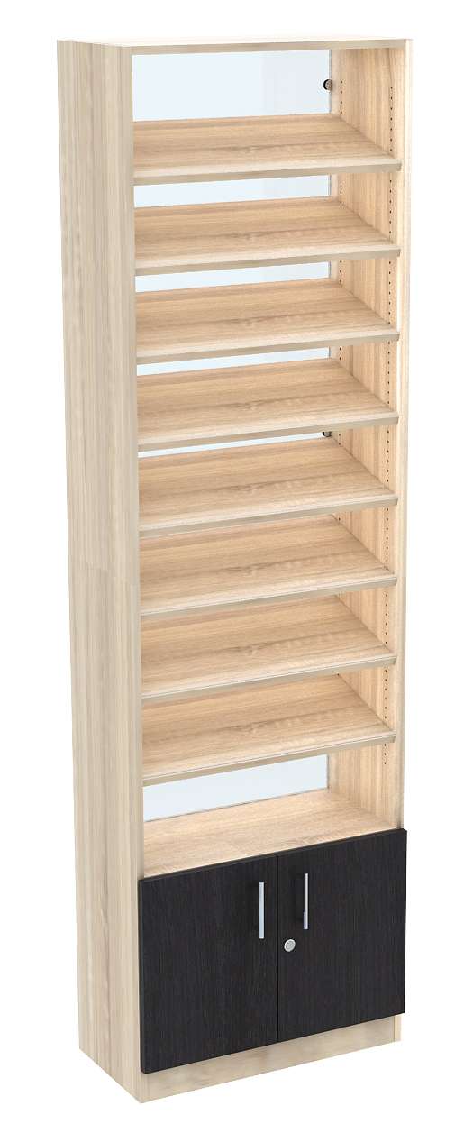 Стеллаж из ДСП с 8-ю наклонными полками 300x600 мм серии TILT-8 №5-1 (З/C - СТЕКЛО) Дуб Венге