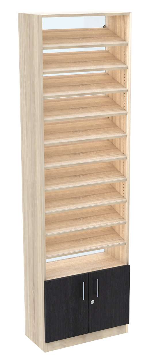 Стеллаж из ДСП с 10-ю наклонными полками 300x600 мм серии TILT-10 №5-1 (З/C - СТЕКЛО) Дуб Венге