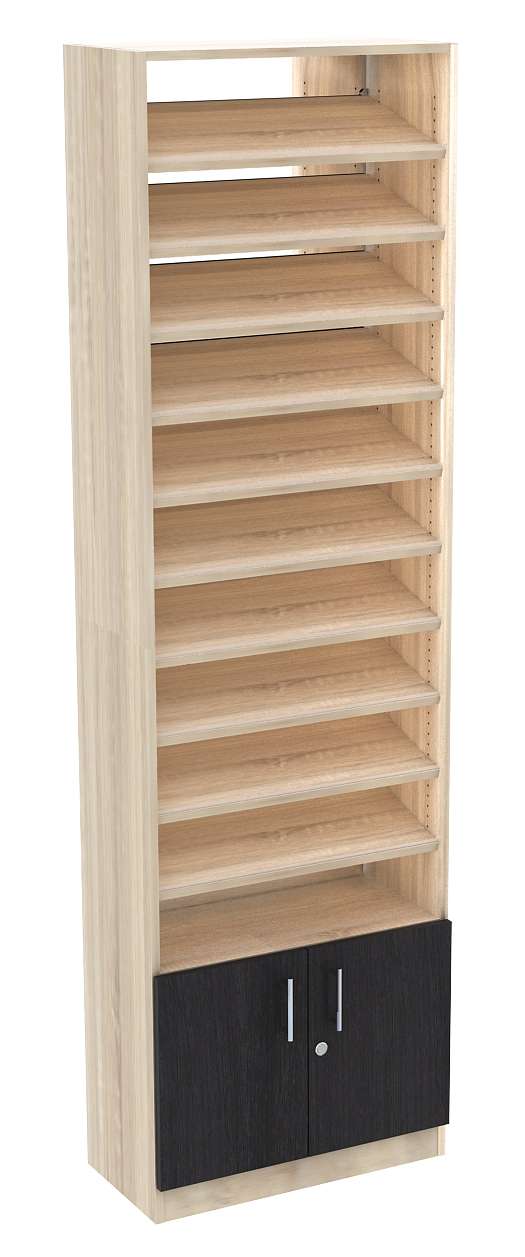 Стеллаж из ДСП с 10-ю наклонными полками 300x600 мм серии TILT-10 №5-2 (З/C - ЗЕРКАЛО) Орех