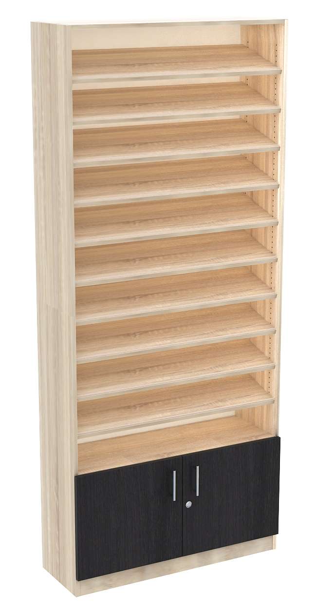 Стеллаж из ДСП с 10-ю наклонными полками 300x900 мм серии TILT-10 №12 (З/C - ДВП) Крем Вайс