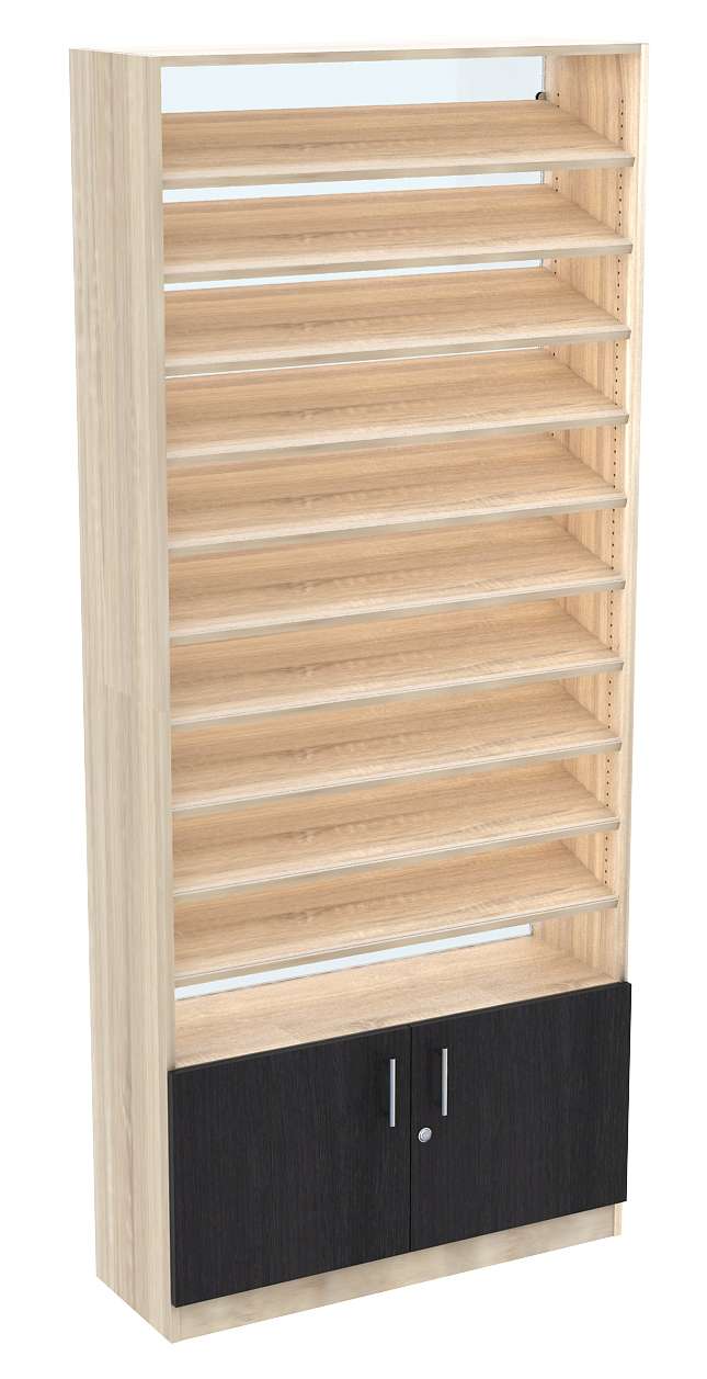 Стеллаж из ДСП с 10-ю наклонными полками 300x900 мм серии TILT-10 №12-1 (З/C - СТЕКЛО) Орех