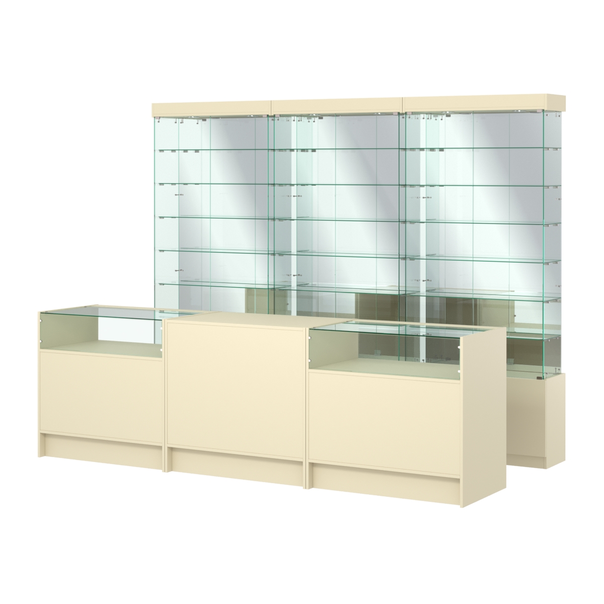 Комплект стеклянных витрин ИС-32 и прилавков ЭК-2 Крем Вайс