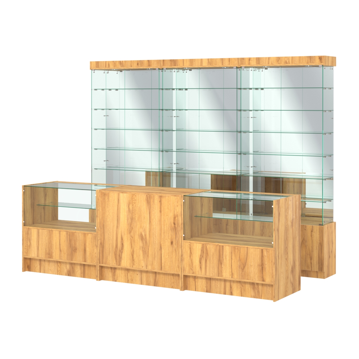 Комплект стеклянных витрин ИС-32 и прилавков ЭК-3 Дуб Золотистый