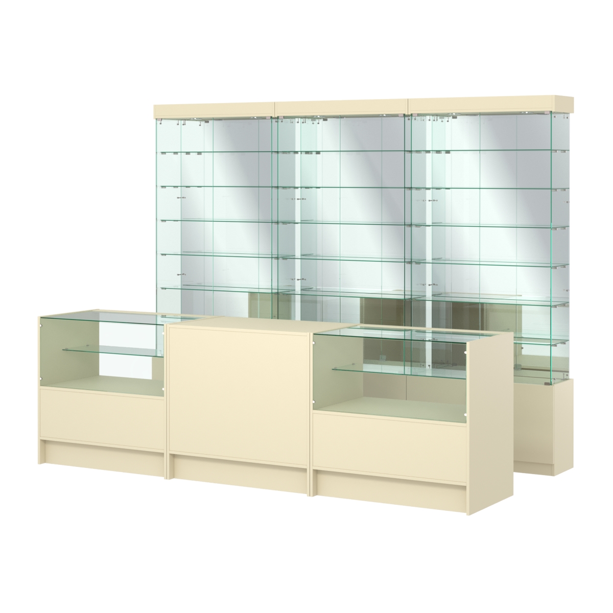 Комплект стеклянных витрин ИС-32 и прилавков ЭК-3 Крем Вайс