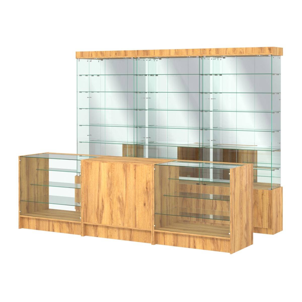 Комплект стеклянных витрин ИС-32 и прилавков ЭК-4 Дуб Золотистый