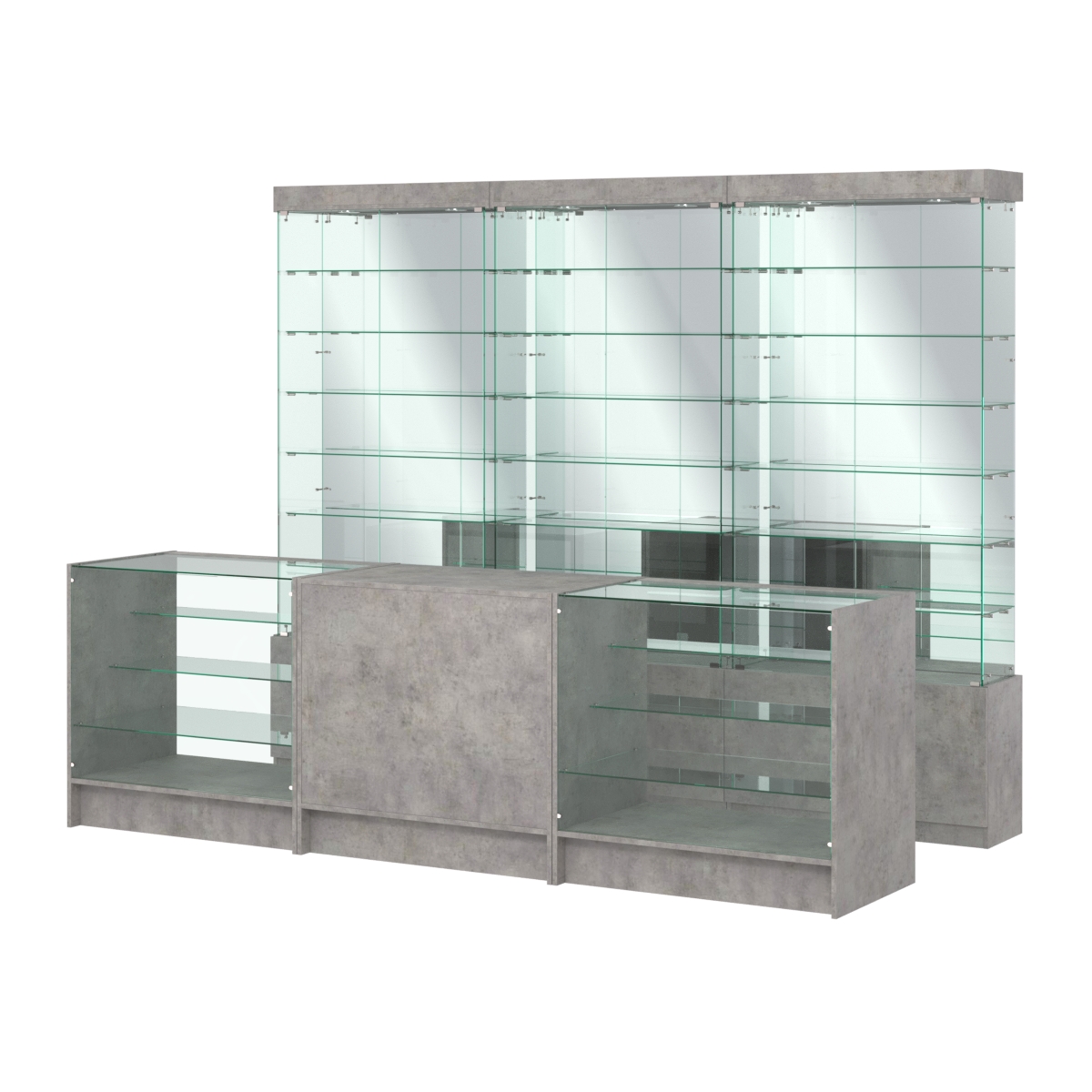 Комплект стеклянных витрин ИС-32 и прилавков ЭК-4 Бетон Чикаго светло-серый F186 ST9