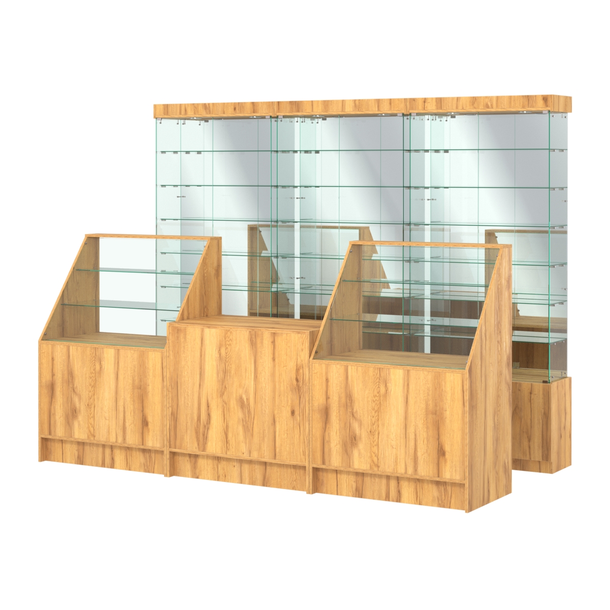 Комплект стеклянных витрин ИС-32 и прилавков ЭК-7 Дуб Золотистый