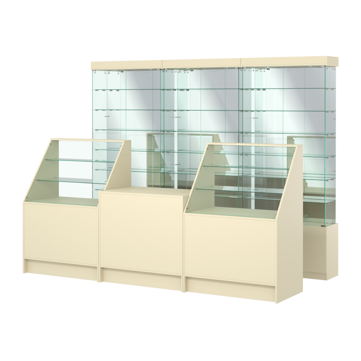 Комплект стеклянных витрин ИС-32 и прилавков ЭК-7 Крем Вайс