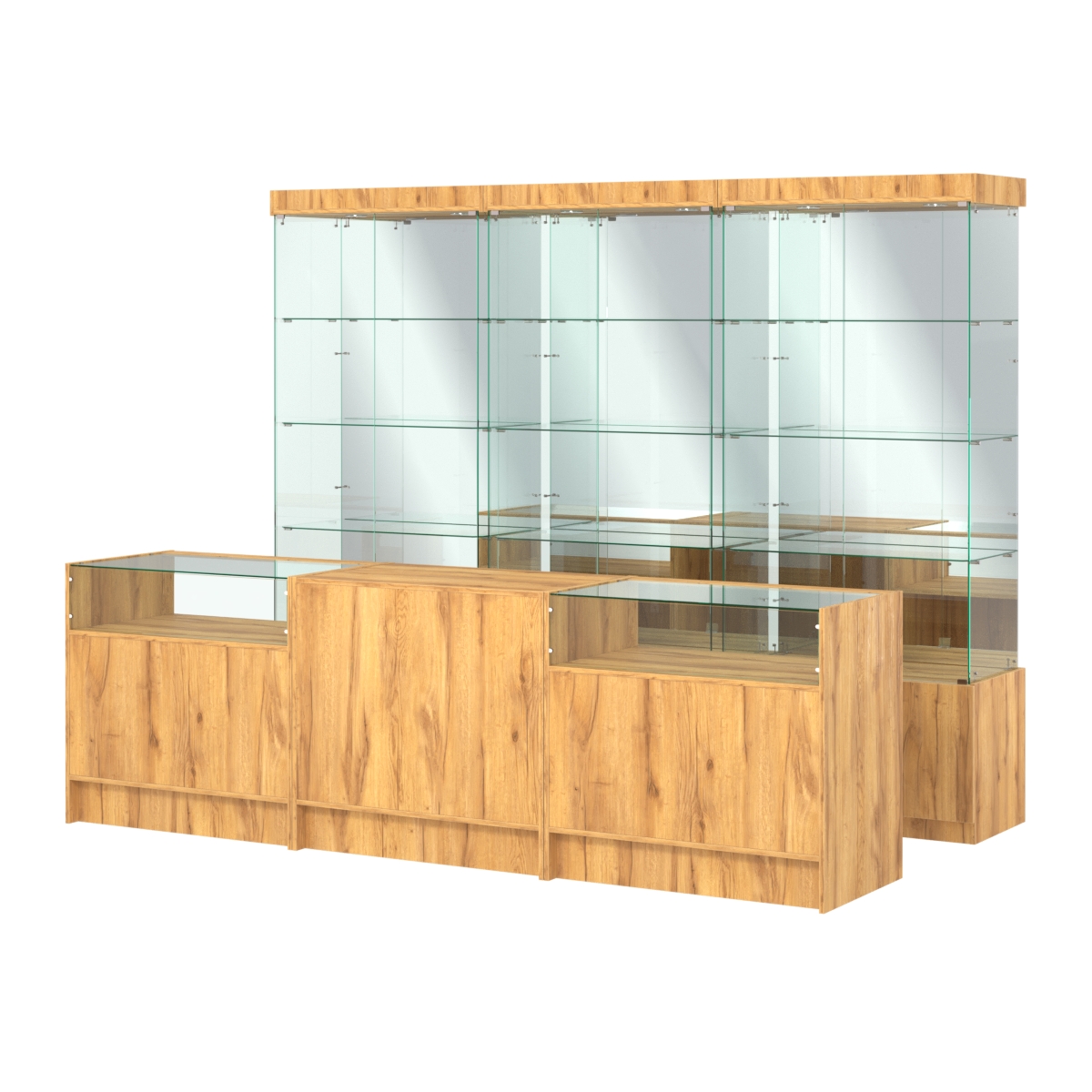 Комплект стеклянных витрин ИС-03 и прилавков ЭК-2 Дуб Золотистый