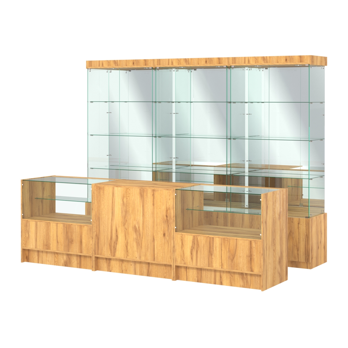 Комплект стеклянных витрин ИС-03 и прилавков ЭК-3 Дуб Золотистый