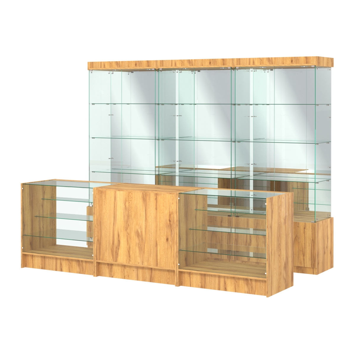 Комплект стеклянных витрин ИС-03 и прилавков ЭК-4 Дуб Золотистый