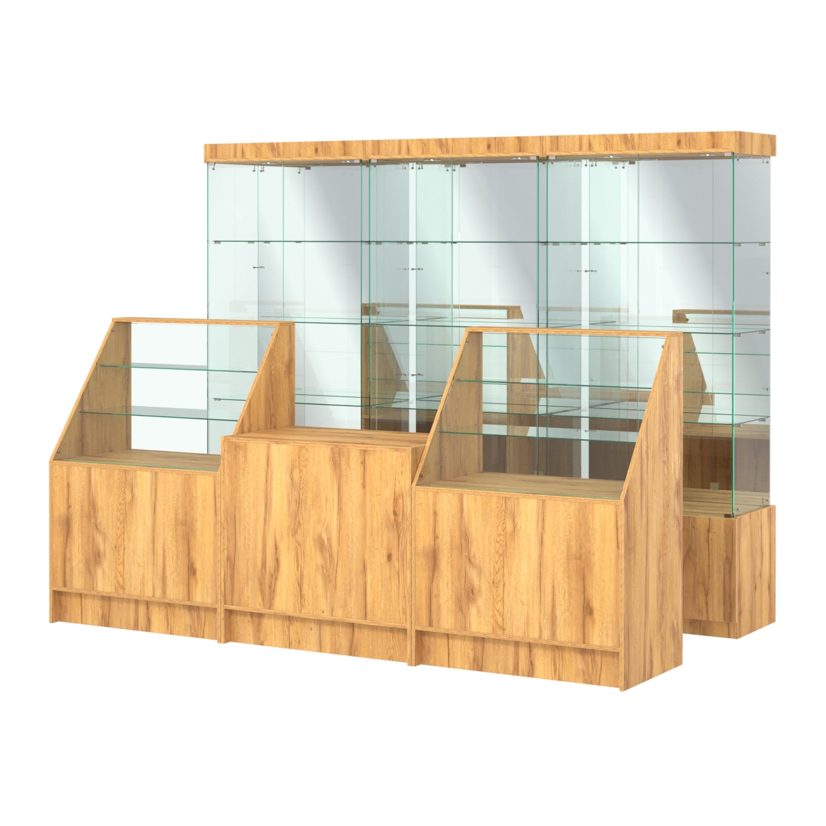 Комплект стеклянных витрин ИС-03 и прилавков ЭК-7 Дуб Золотистый