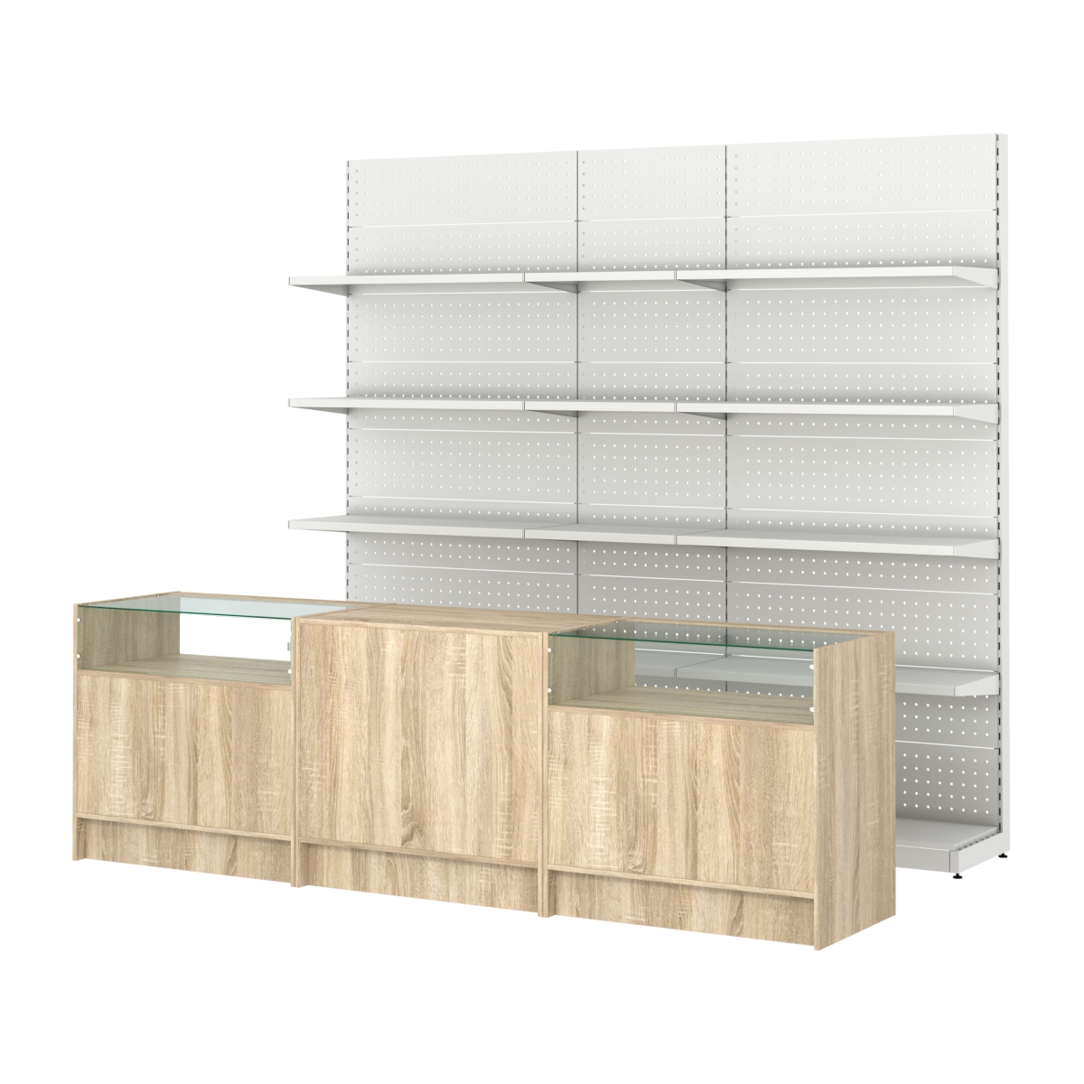 Комплект металлических стеллажей с полками и прилавков ЭК-2 Дуб Сонома