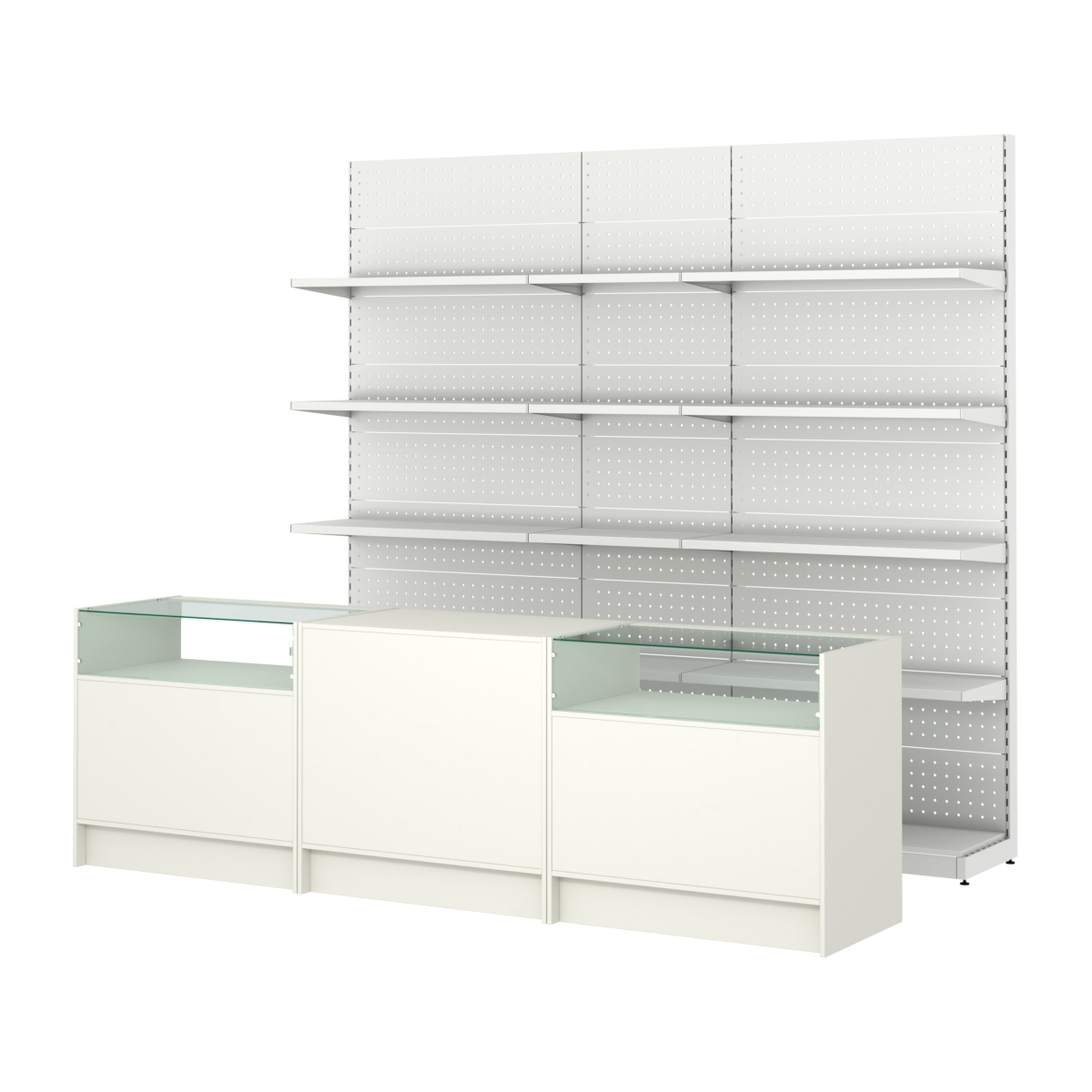 Комплект металлических стеллажей с полками и прилавков ЭК-2 Белый