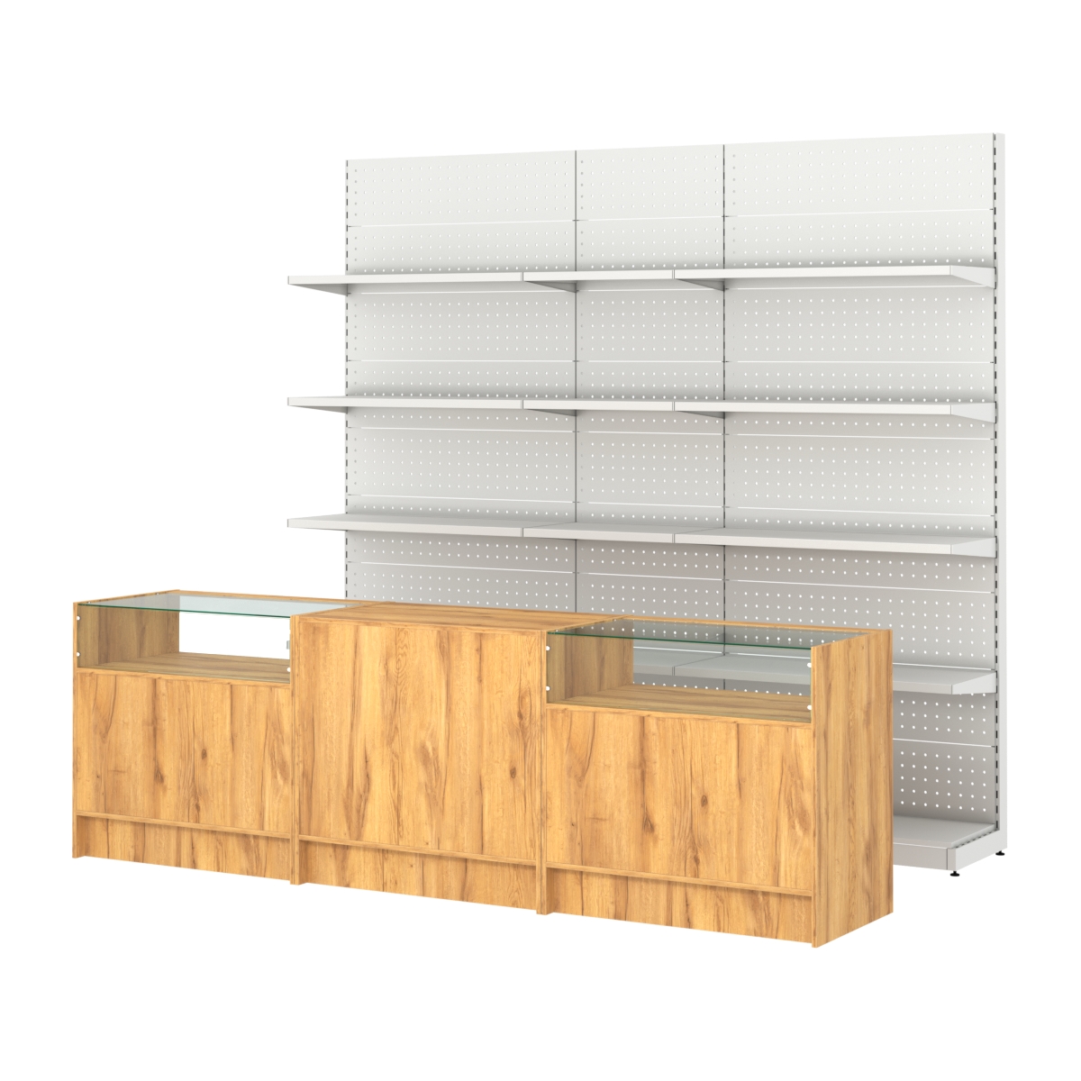 Комплект металлических стеллажей с полками и прилавков ЭК-2 Дуб Золотистый