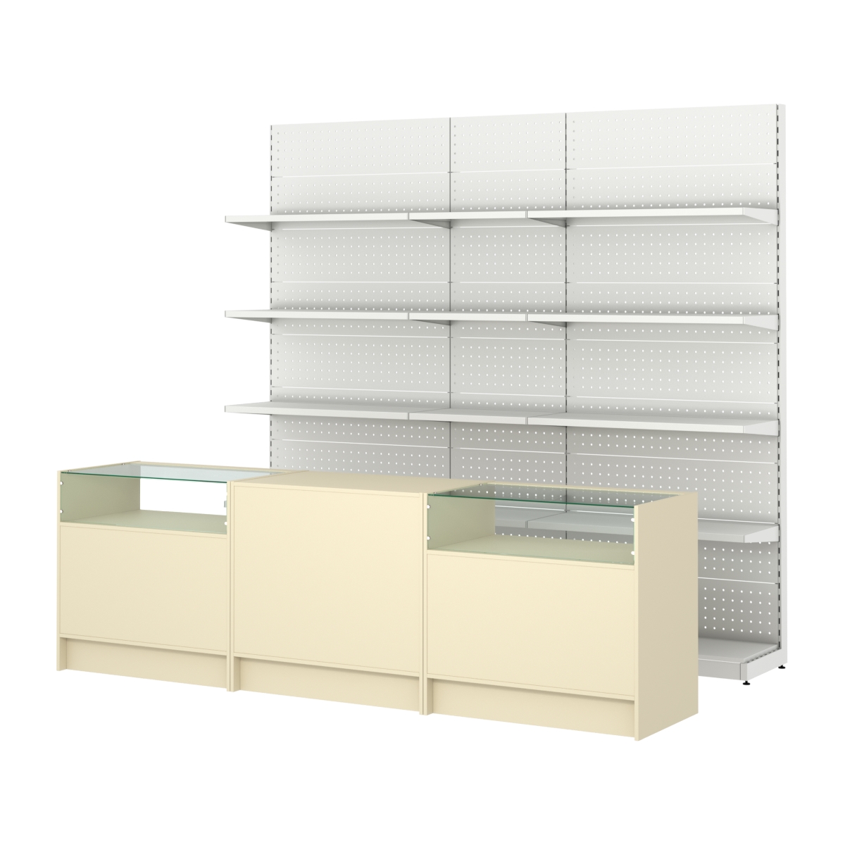 Комплект металлических стеллажей с полками и прилавков ЭК-2 Крем Вайс