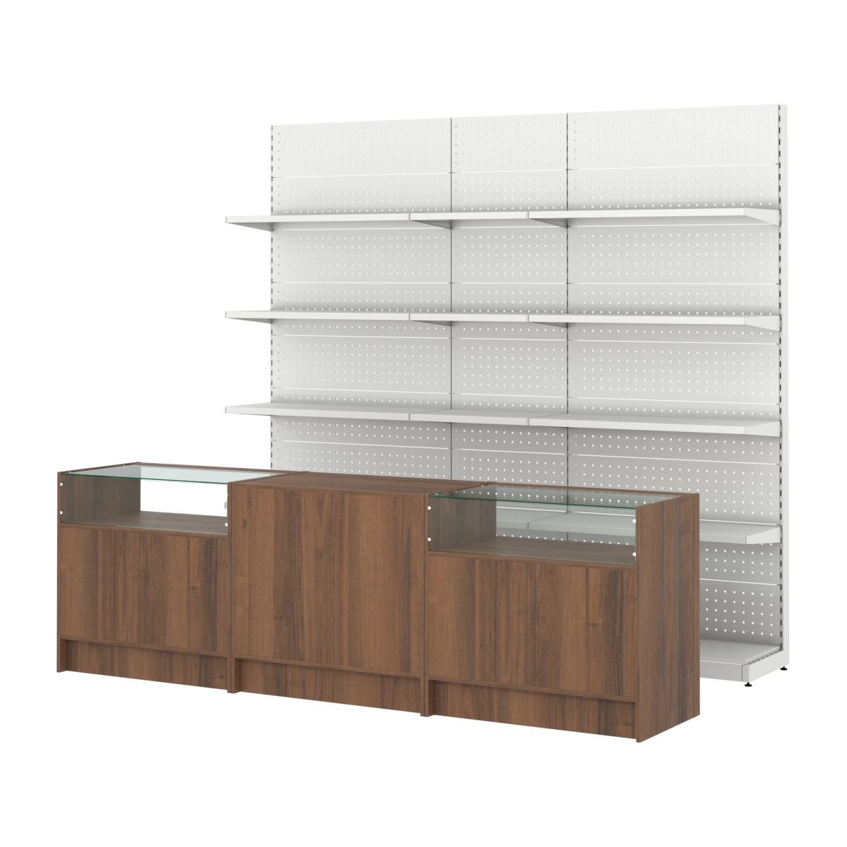 Комплект металлических стеллажей с полками и прилавков ЭК-2 Орех