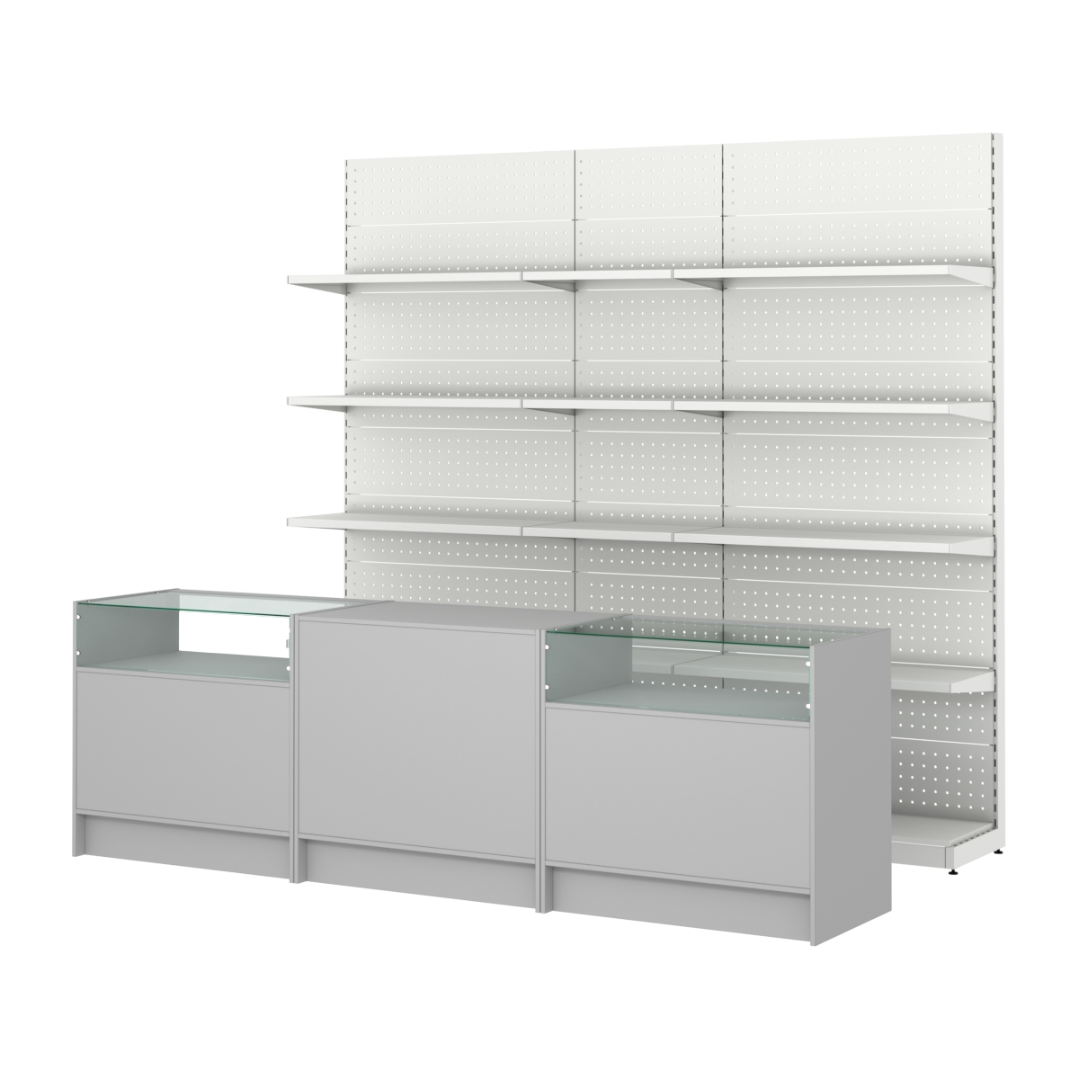 Комплект металлических стеллажей с полками и прилавков ЭК-2 Серый