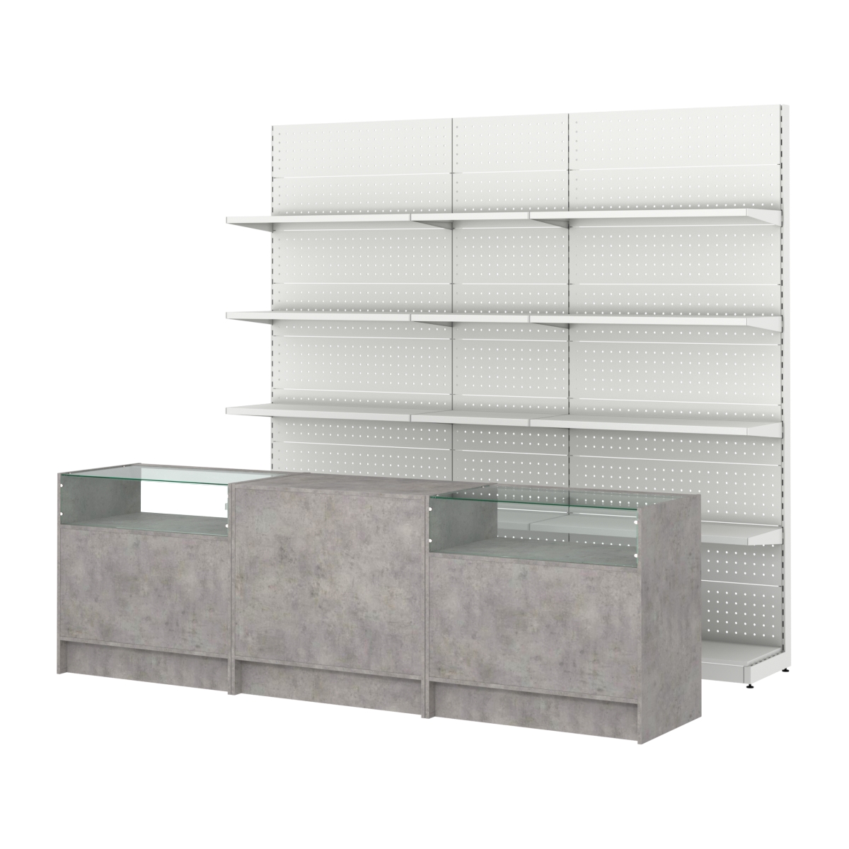 Комплект металлических стеллажей с полками и прилавков ЭК-2 Бетон Чикаго светло-серый F186 ST9