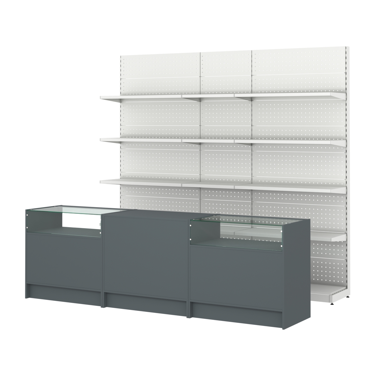 Комплект металлических стеллажей с полками и прилавков ЭК-2 Темно-Серый