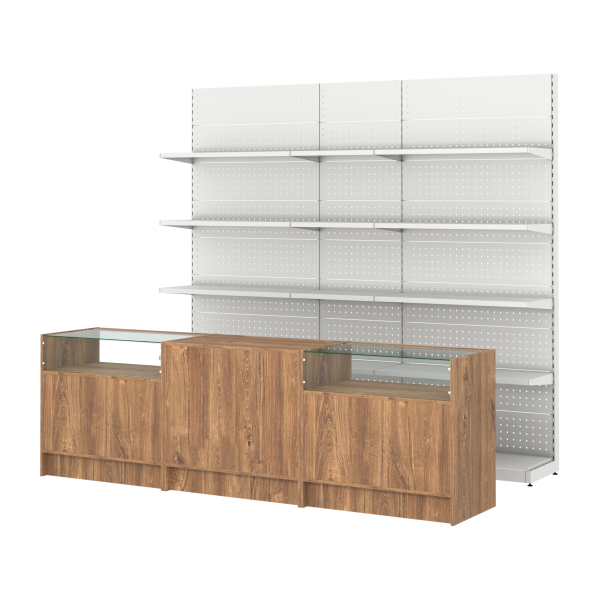 Комплект металлических стеллажей с полками и прилавков ЭК-2 Дуб Канзас коричневый