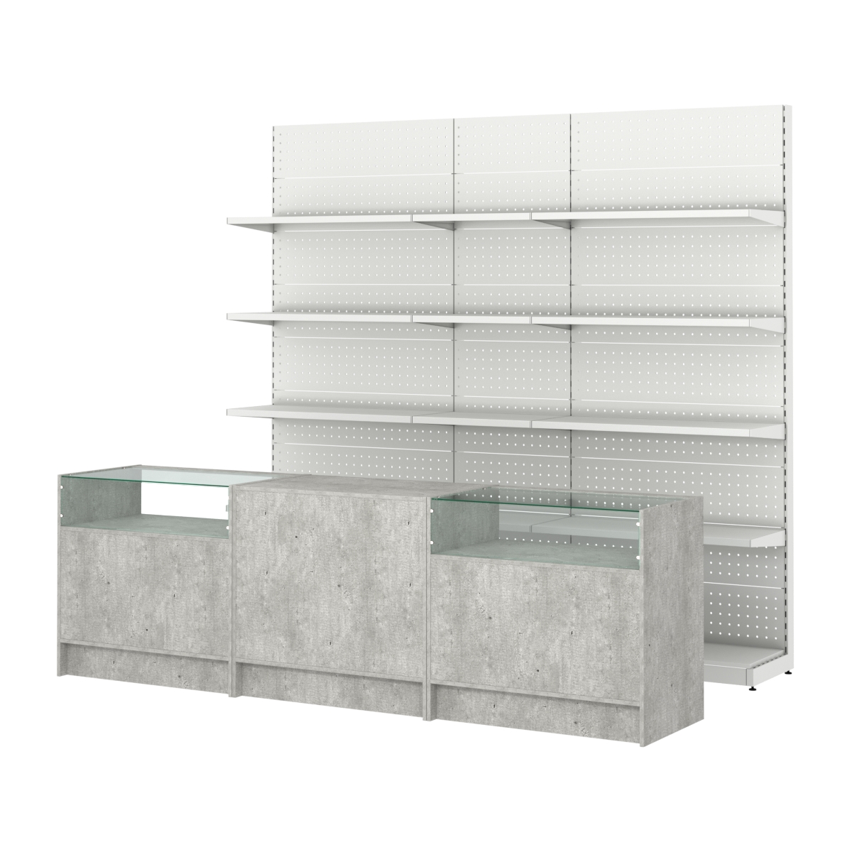 Комплект металлических стеллажей с полками и прилавков ЭК-2 Метрополитан Грей