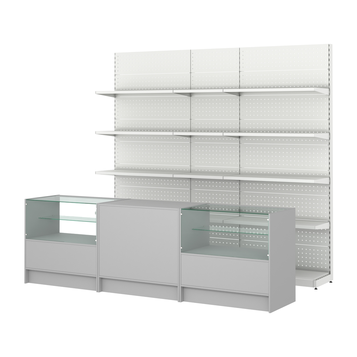 Комплект металлических стеллажей с полками и прилавков ЭК-3 Серый