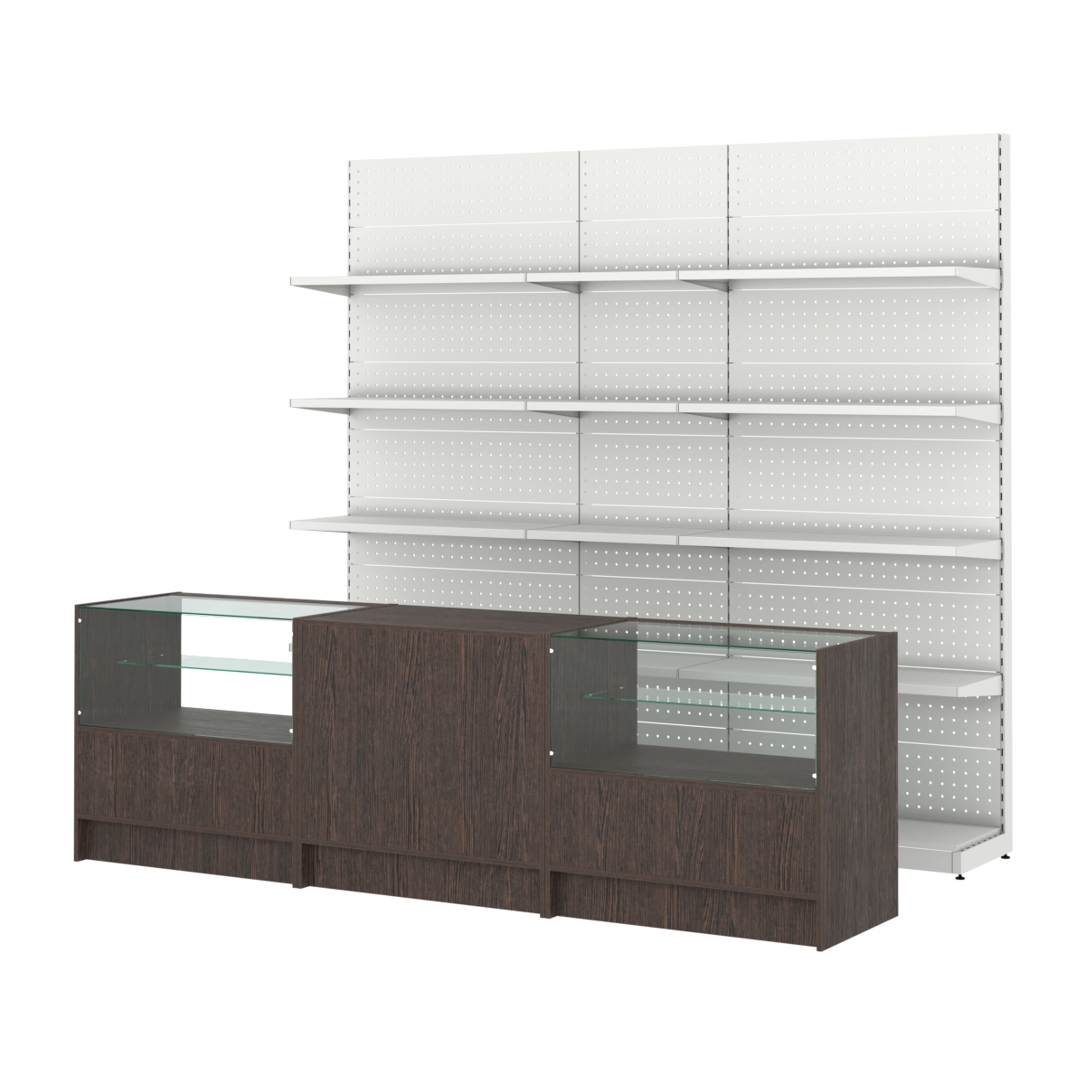 Комплект металлических стеллажей с полками и прилавков ЭК-3 Дуб Венге