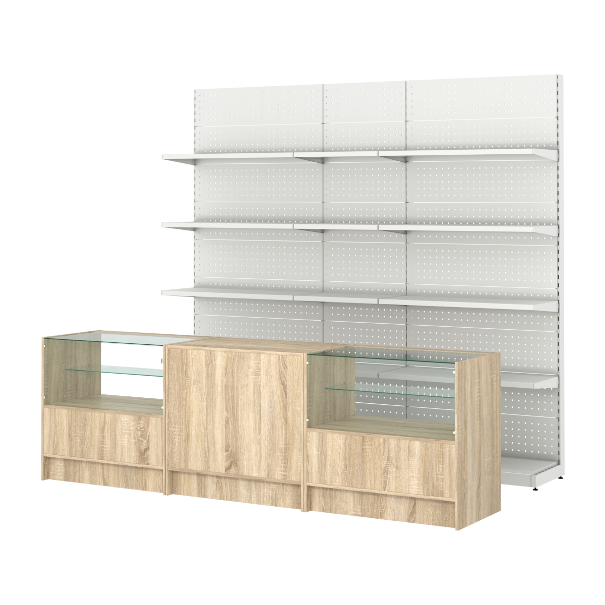 Комплект металлических стеллажей с полками и прилавков ЭК-3 Дуб сонома