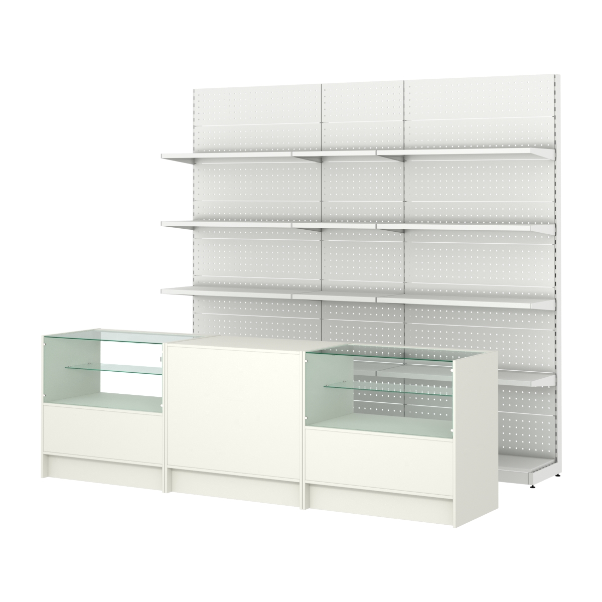 Комплект металлических стеллажей с полками и прилавков ЭК-3 Белый