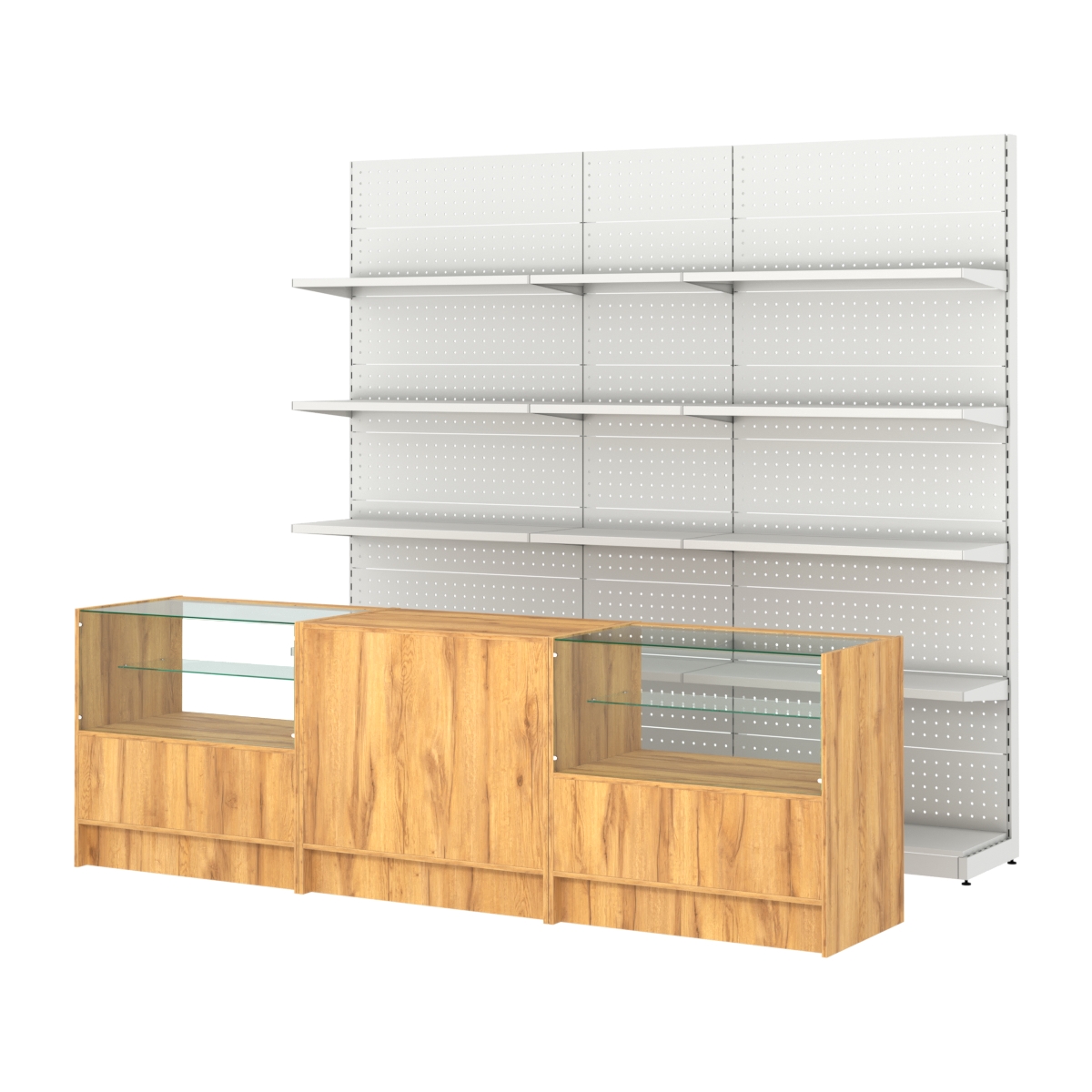 Комплект металлических стеллажей с полками и прилавков ЭК-3 Дуб Золотистый