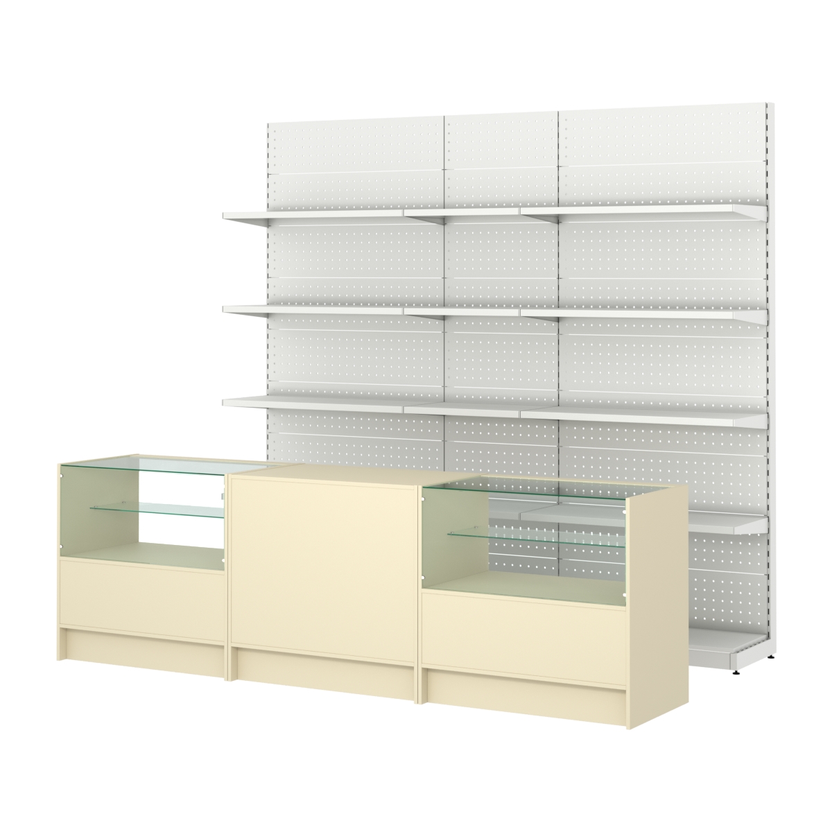 Комплект металлических стеллажей с полками и прилавков ЭК-3 Крем Вайс