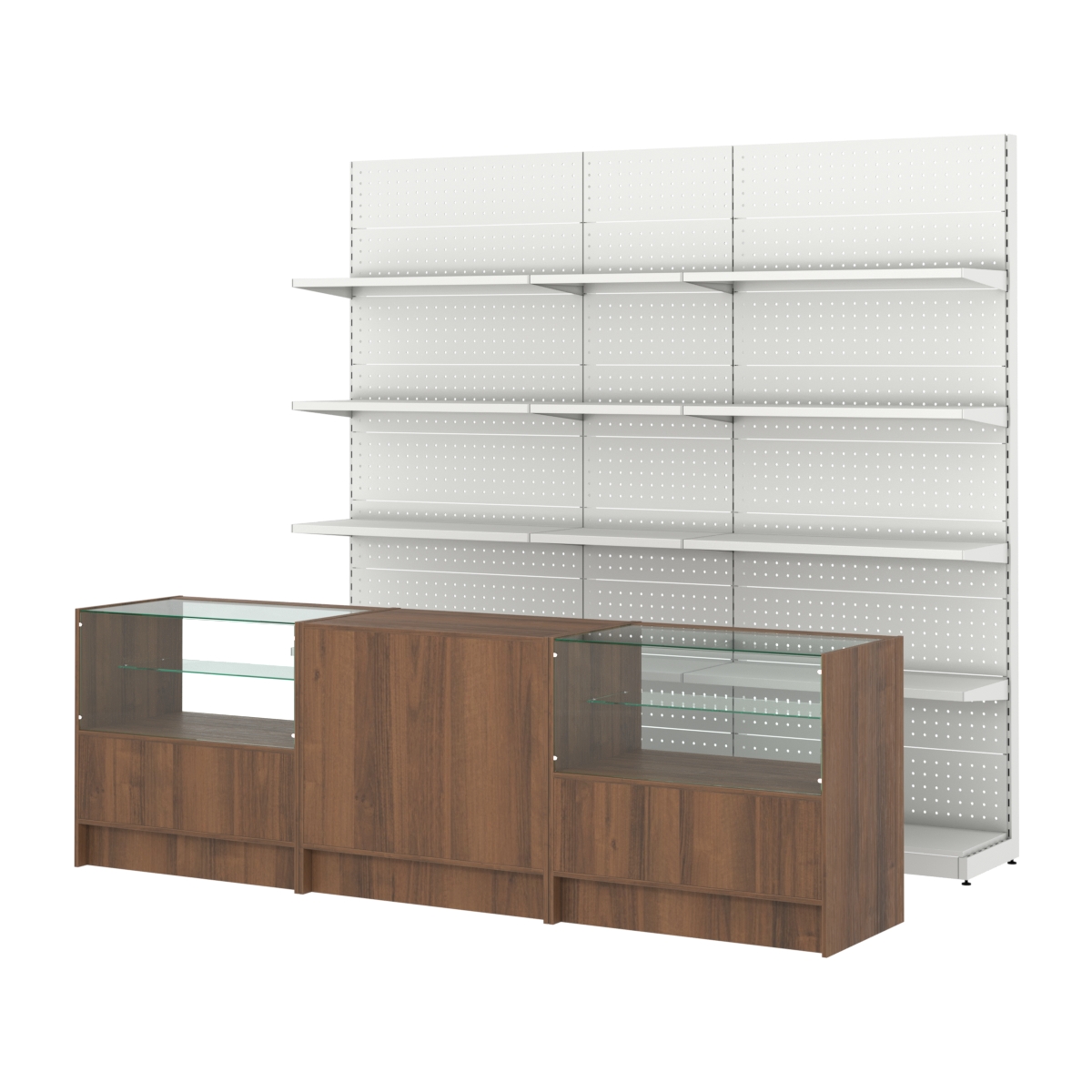 Комплект металлических стеллажей с полками и прилавков ЭК-3 Орех