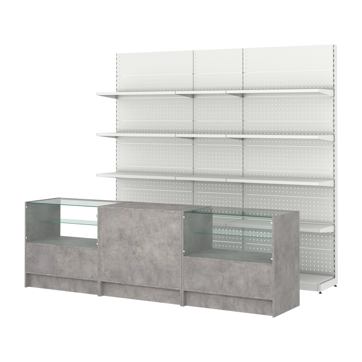 Комплект металлических стеллажей с полками и прилавков ЭК-3 Бетон Чикаго светло-серый F186 ST9