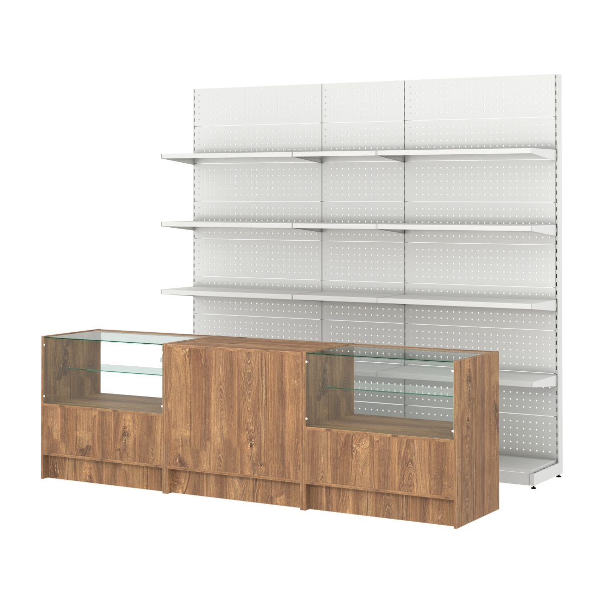 Комплект металлических стеллажей с полками и прилавков ЭК-3 Дуб Канзас коричневый