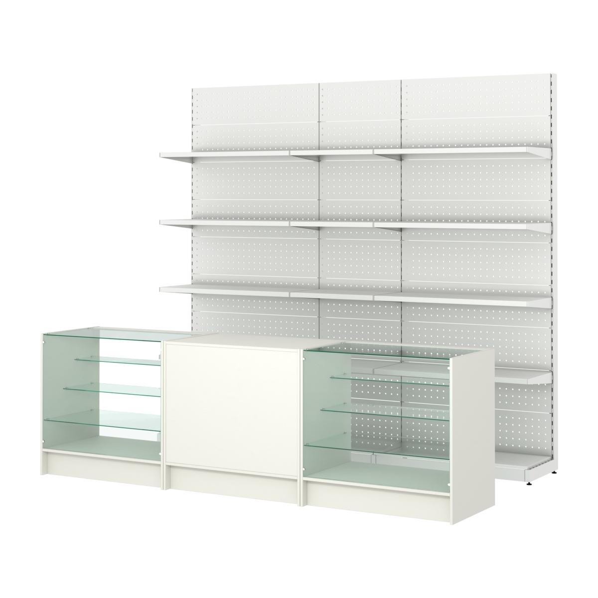 Комплект металлических стеллажей с полками и прилавков ЭК-4 Белый