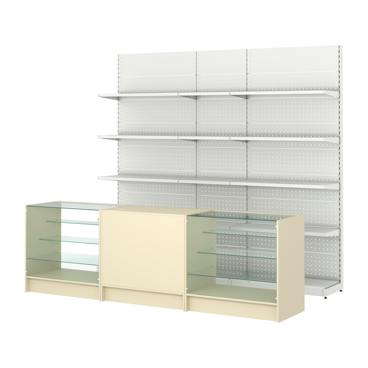 Комплект металлических стеллажей с полками и прилавков ЭК-4 Крем Вайс