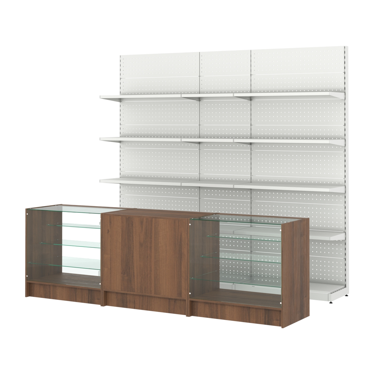 Комплект металлических стеллажей с полками и прилавков ЭК-4 Орех