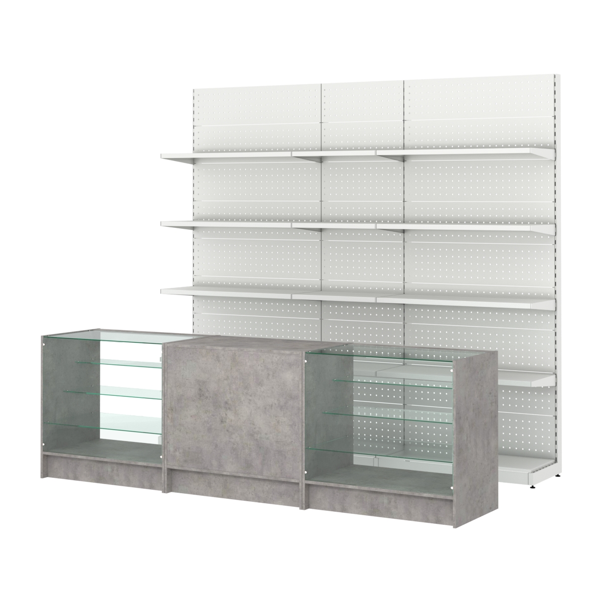 Комплект металлических стеллажей с полками и прилавков ЭК-4 Бетон Чикаго светло-серый F186 ST9