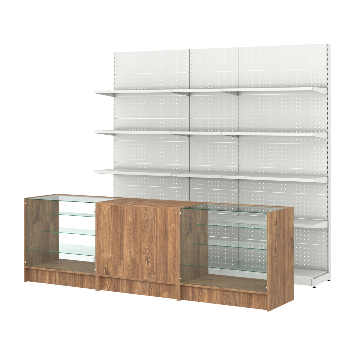 Комплект металлических стеллажей с полками и прилавков ЭК-4 Дуб Канзас коричневый